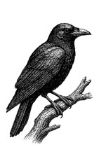 Obraz premium Crow on a Branch – Vintage Engraving Halloween Illustration, Vector and PNG Isolated on Transparent Background