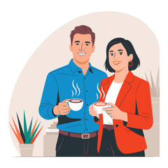 Fototapeta premium Business Colleagues Enjoying Coffee Break and Conversation Vector Illustration