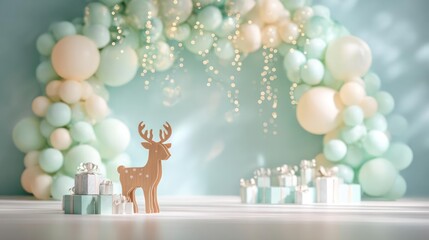 Whimsical pastel balloon arch with a cute wooden deer and gift boxes for a magical baby shower celebration