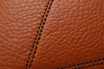Close up texture of brown leather basketball with stitching
