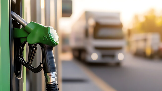 Fueling up. Green gas pump nozzle close-up, with a blurry white semi-truck in the background. Focus on energy and transportation.