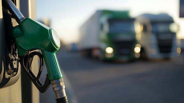 Fueling up at the station: Green fuel nozzle close-up, trucks waiting in the background. Emphasizing the importance of energy for transportation.