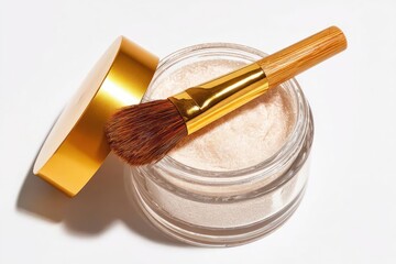 Close up of a golden makeup brush resting on a jar of loose translucent powder with lid open