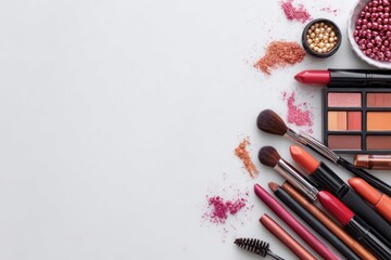 A collection of professional makeup brushes and cosmetic products artfully arranged on a clean white background
