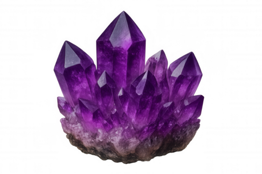Natural amethyst geode cluster displaying vibrant purple quartz crystals, spiritual healing concept on transparent background