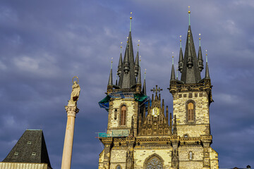 Beautiful view of the Church of Our Lady before Týn in Old town Square, - Prage