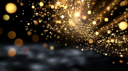 Soft-focus golden bokeh and twinkling light particles scattered gently, radiating from top corner over black background, with copy space.