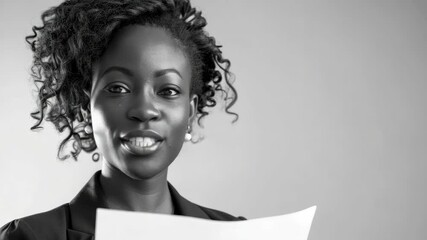 Smiling woman with dark hair and earrings in front of white background. She is holding a piece of paper. - Powered by Adobe