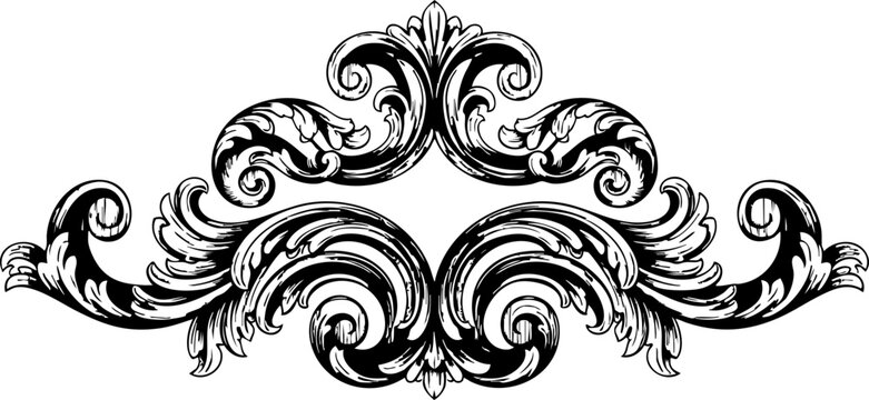 Elegant baroque flourish adorns design with intricate scrollwork and detailed leaf patterns, perfect for luxurious invitations and vintage decor