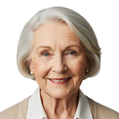 Fototapeta premium Senior Woman Smiling Warmly with Kind Expression Isolated on White or Transparent Background, PNG
