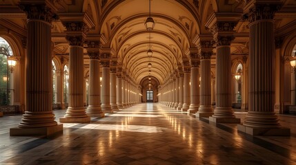 A grand arcade hall, adorned with stately columns in a classical architectural style, bathed in the warm glow of ambient lighting, evoking a sense of historical grandeur.