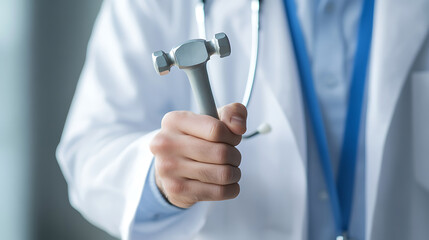 Doctor holding a reflex hammer. This tool helps healthcare professionals assess neurological health. Diagnostic precision in medical examination.