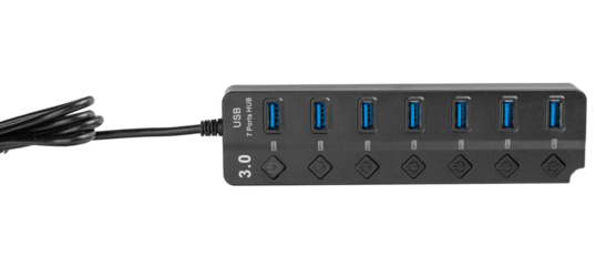 A USB 3.0 7-port hub with power buttons on a white background supports high-speed data. Its efficient design enhances tech device performance.