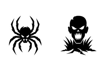 Set of two aggressive Halloween silhouettes: a fierce spider with fangs and a menacing zombie head emerging from cracked ground, conveying horror, scary themes, and spooky holiday graphics