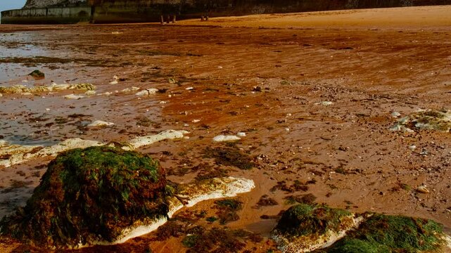Kingsgate Bay beach and castle, Broadstairs, Kent, England, UK, with chalk cliffs, sandy cove and clifftop views