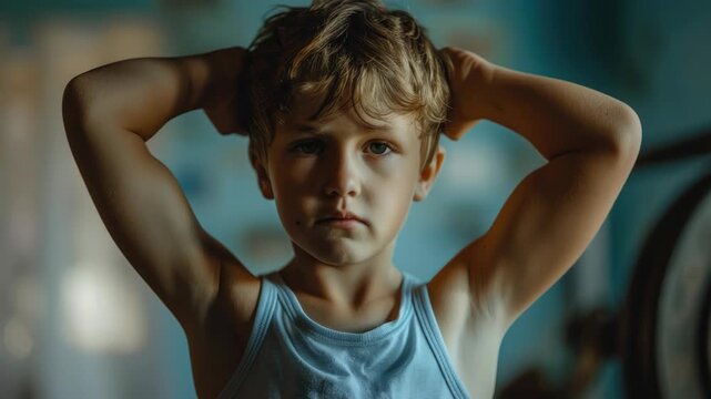 A young boy showing his strength by flexing his muscles