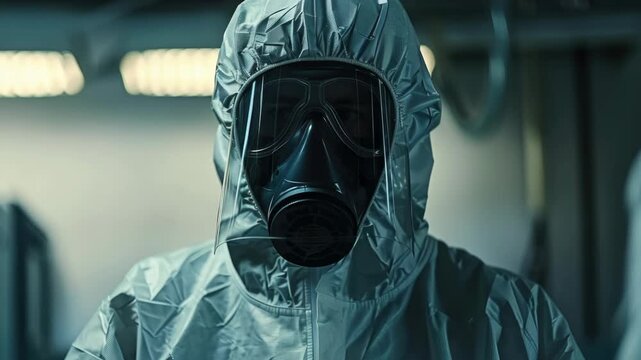 A person dressed in a full-body protective suit and respirator mask, likely for hazardous materials exposure, standing in an indoor facility with visible ventilation ducting.