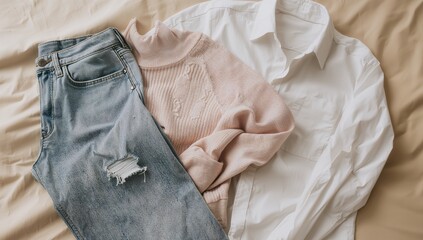 Stylishly curated outfit laid out, featuring jeans, sweater, and a classic white shirt