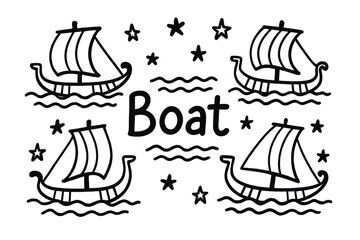 Egyptian Boats Doodle. Doodle egyptian boats with sails, waves, and stars, center word &ldquo;Boat&rdquo; in black and white isolated