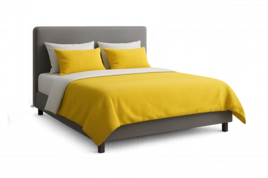 Bed with grey upholstered headboard and soft yellow bedding, clean new duvet and pillows, transparent background