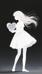 Black and white illustration of a white silhouette of an anime-style girl holding a big heart in her hands. Vector graphics. EPS.