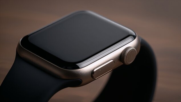 Sleek close-up of a modern gold smart watch with black band on a wooden surface