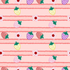 Seamless pattern of cute and colorful strawberries and flowers on a striped background. Pattern for fabric, textile, mug, phone case, wallpaper, and packaging.