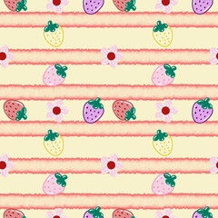 Seamless pattern of cute and colorful strawberries and flowers on a striped background. Pattern for fabric, textile, mug, phone case, wallpaper, and packaging.