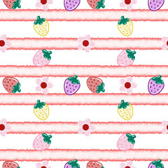 Seamless pattern of cute and colorful strawberries and flowers on a striped background. Pattern for fabric, textile, mug, phone case, wallpaper, and packaging.