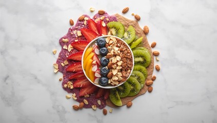 Vibrant smoothie bowl bursting with fresh strawberries, blueberries, kiwi, and crunchy granola