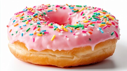 Delicious donut with pink icing and sprinkles isolated on white background