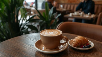 Savoring a gourmet latte and fresh croissant in a cozy cafe atmosphere