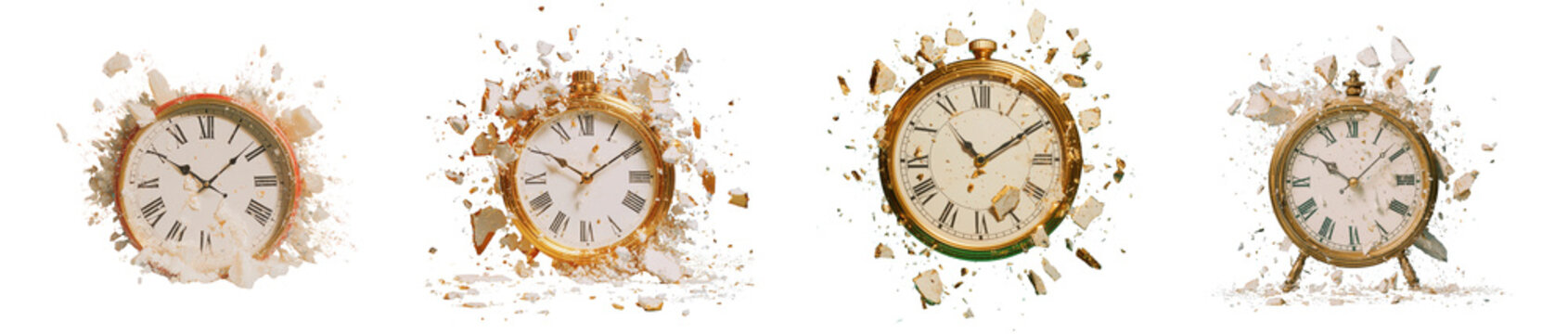 Four antique pocket watches exploding into dust and fragments, isolated on transparent background