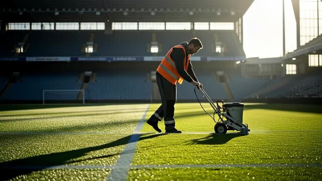 Groundsman marking white lines on a green stadium pitch for a soccer game, preparing the field footage