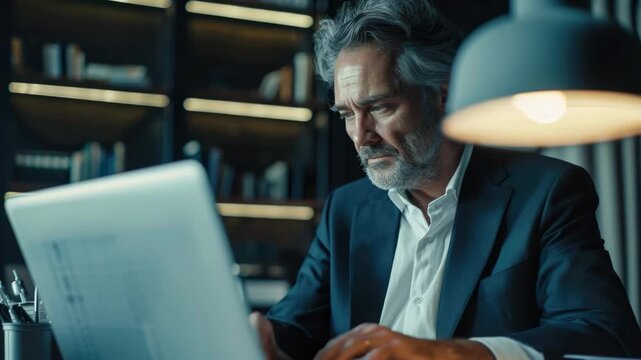 A mature man in suit reviewing paperwork with intent gaze, working late in an office environment.