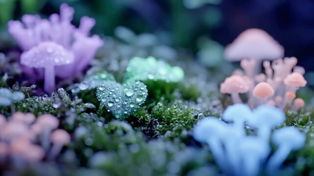 Wide shot of a miniature forest patch radiating soft pastel light