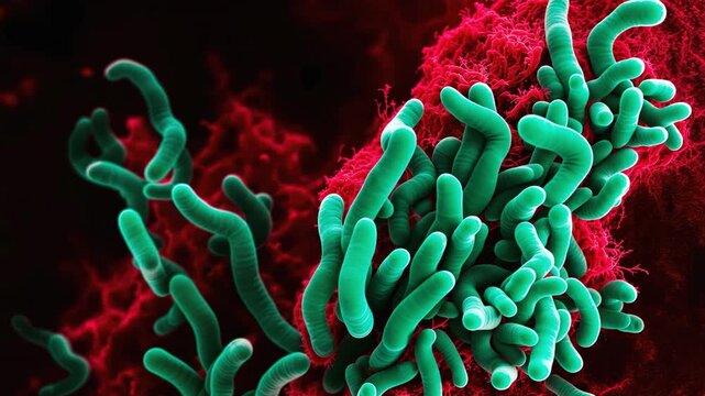 Electron microscope view of Vibrio vulnificus bacteria in turquoise and green tones
