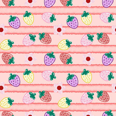 Seamless pattern of cute and colorful strawberries and flowers on a striped background. Pattern for fabric, textile, mug, phone case, wallpaper, and packaging.