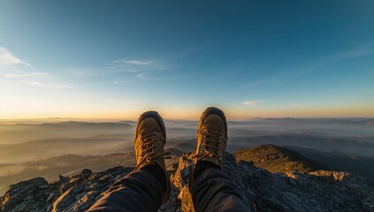 Hiker rests on mountain peak, enjoying serene sunrise over misty valley below