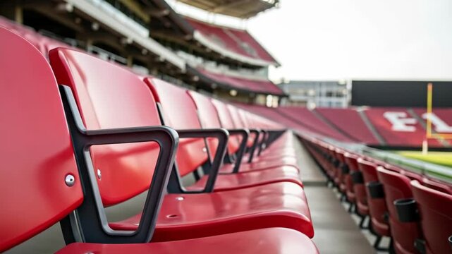 Empty red stadium seats panning toward a football field at an outdoor arena, ready for a sports event footage.