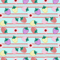 Seamless pattern of cute and colorful strawberries and flowers on a striped background. Pattern for fabric, textile, mug, phone case, wallpaper, and packaging.