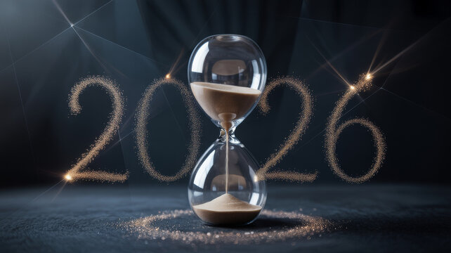Hourglass with glowing sand particles forming
the number 2026, dark background, surreal futuristic vibe 3