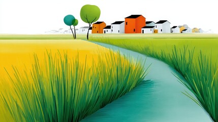 A vibrant countryside scene features lush green and golden fields leading to a quaint village with colorful houses, Ideal for nature-themed projects, agriculture content, or travel promotions,