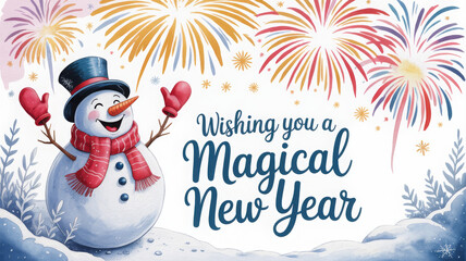 Happy snowman waving under fireworks, text
‘Wishing You a Magical New Year’, watercolor illustration 2