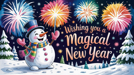 Happy snowman waving under fireworks, text
‘Wishing You a Magical New Year’, watercolor illustration