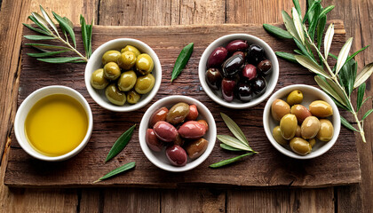 olives with olive oil and branch on wood background