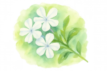 Plumbago flowers watercolor painting illustration on a delicate green smudge, transparent background