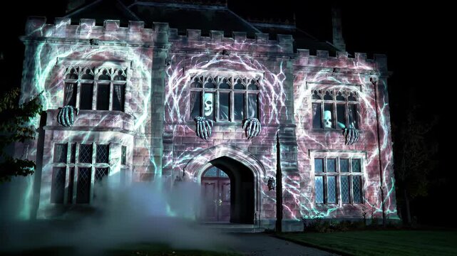 A spooky haunted house at night, transformed for Halloween with eerie projection mapping displaying vibrant lightning, menacing skeletons, and mystical fog emanating from the grand mansion.