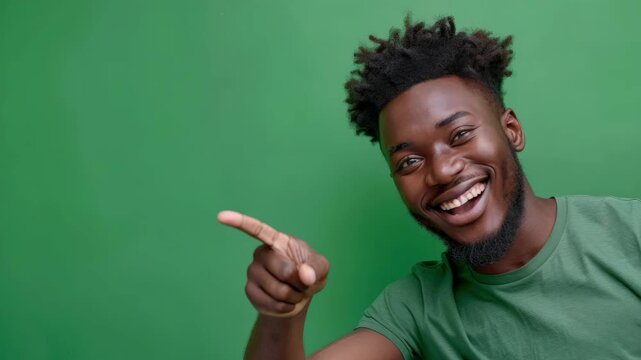 A young man smiling and looking up as he points his finger upward. He has short hair and is wearing a green t-shirt on a plain background.