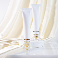 A beautiful still life composition featuring cosmetic products setting with a  background